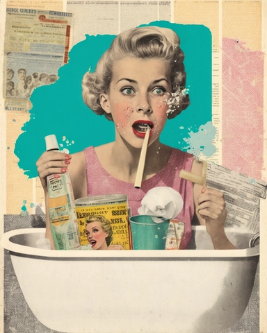 woman from the 1950s, tired woman, brushing teeth, mixed media, sitting on bathtub, bathroom, toothpaste, bathtub, brushing teeth, collage, arts and crafts, mixed media, magaine style, retro, vintage, surreal, newspaper clippings, layered collage, scrapbooking, 8k, collage, scrapbook, photography