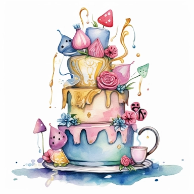 whimsical watercolour alice in wonderland birthday cake clip art