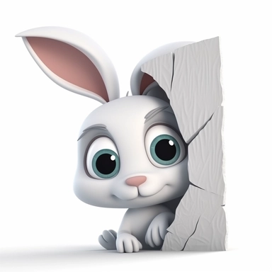 oilpainting, 2d icon of a super cute cartoon rabbit peaking around corner clipart full body, 3d rendering, white background, clean