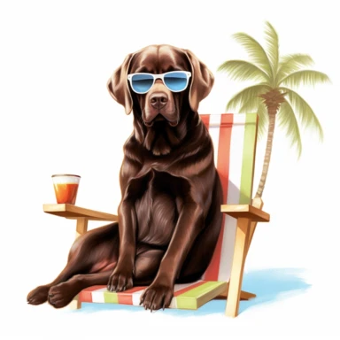 Chocolate labrador, wearing sunglasses, beach chair, white background, cool dog, summer time, clipart, palm tree