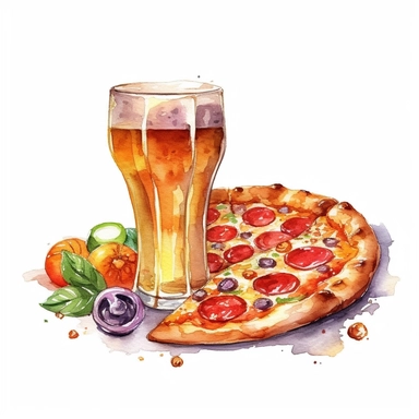 watercolor pizza and beer clipart, white background, Color