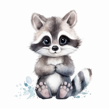 a sweet baby raccoon with kind eyes clipart with watercolor illustration,full body shot,8k,etsy style, white background