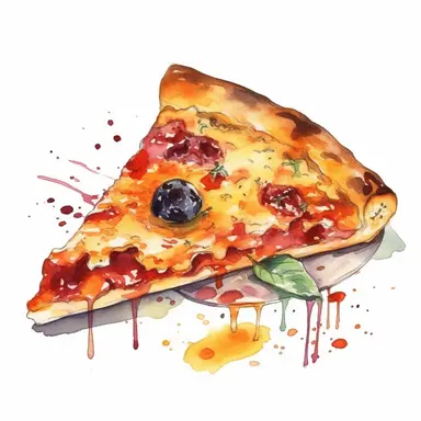 A slice of pizza: Generate a watercolor clipart of a delicious-looking slice of pizza, with all the toppings you like. Add details such as the melted cheese, tomato sauce, and crust. Use bright colors and a messy, loose style to capture the feeling of a cheesy, saucy pizza, white background