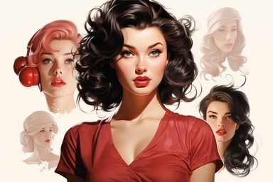 beautiful pretty pin up woman, makeup and hair 50's style, diferent poses, paint art style, different poses, detail, clipart, white background, superrealistic, one of a kind