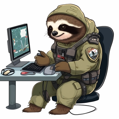 a morale patch showing a sloth coding in front of a PC in military clothes. Clipart