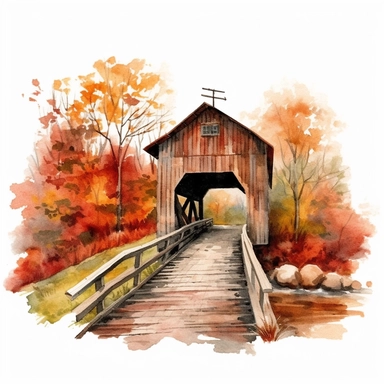 Watercolor Autumn Bridge and Barn Covered Clipart, hyper realistic, detailed, stylised