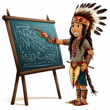 Clipart of a student in a Native American-inspired outfit writing on a chalkboard, white background