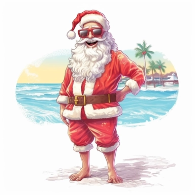 Retro Beautiful Happy Face Santa Standing On Beach Sublimation Clipart ,Cartoon,hyper realistic, intricate detail, illustration style,high solution,on the white background
