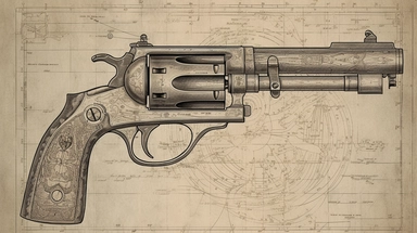 A detailed diagrammatic illustration of an old vintage gun, showcasing its mechanical intricacies and features in a technical style. The gun can be any type, such as a classic revolver or a musket, and should evoke a nostalgic feel. The background can be a simple color or a textured pattern, with additional elements such as bullet casings or a shooting range. This clipart is perfect for use in historical-themed projects, gun-related advertising, or vintage-inspired designs.