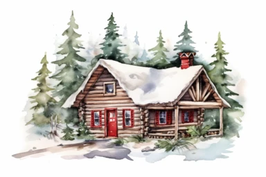Christmas winter log cabin scene, red and green accents, watercolor clipart
