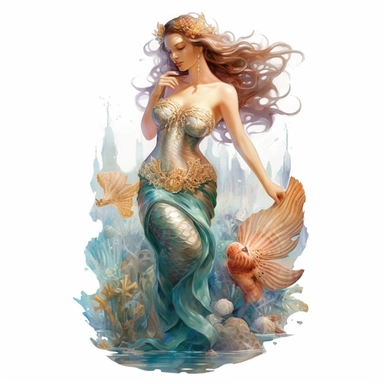 beautiful rich sea mermaid full body with mermaid ish tale, sea stars, sea shells, super high quality, high resolution, oil painting clipart, natural colors, isolated white background, 8k