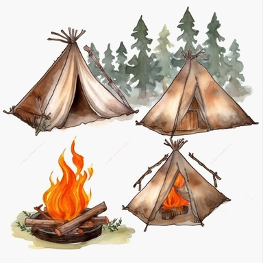 watercolor cartoon camp fires and tents clip art realistic white background