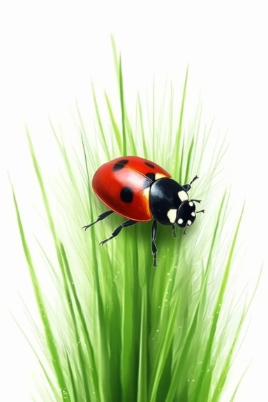 Ladybird Ladybug on green grass blade Clipart, watrcolor on white background, High Quality,