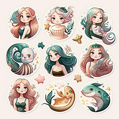 beautiful, 10 cute mermaid stickers collection, clipart design, cartoon, 4k, white background, photo realism