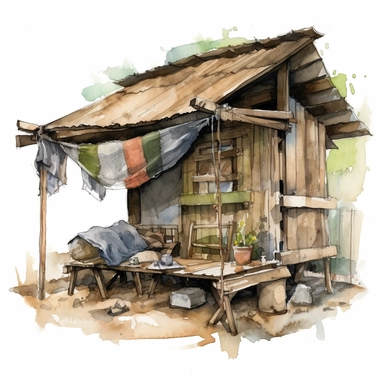 Design a clipart of a makeshift shelter constructed from salvaged materials like scrap metal, wooden planks, and tattered fabric. This refuge represents the ingenuity and adaptability of survivors who have learned to create shelter in a world devoid of traditional homes. watercolor hight resolution
