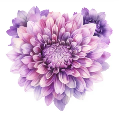 a heart shape made with Soft Purple and Pastel Purple Dahlia flowers, wet on dry watercolour style, antique look, clipart, white background