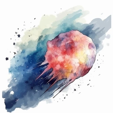 meteor in space clipart watercolor technique, 8k digital art, bright, colorful, soft lightning, white background