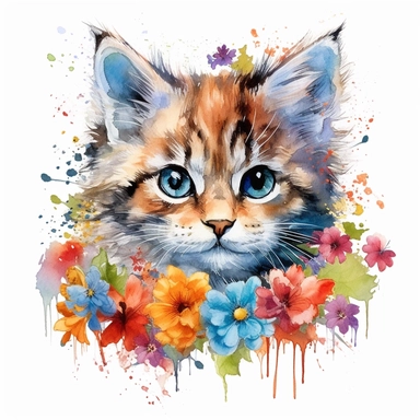 Beautiful colorful kitten on flowers, summer vibes, hand drawing digital art, clean design, sublimation, colorful, watercolor style, white background, 4K, extremely detailed, clipart