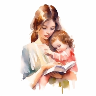 watercolor style, female book lover clipart, holding a little baby girl crying, isolated on white background, 4K