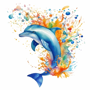 Clipart, watercolor, white background: A birthday dolphin jumping out of the water, splashing colorful confetti and bringing a wave of joy to the celebration.