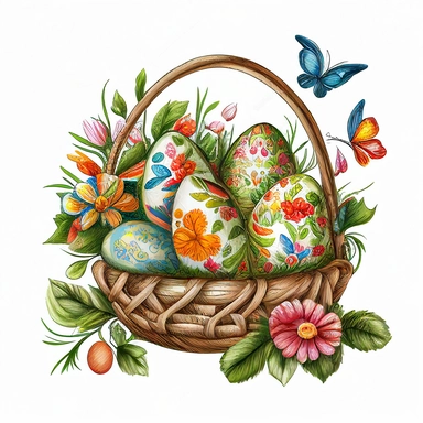 https:funny drawn sketch easter eggs with romanian traditional pattern in a a basket with flowers on white background, artistic painting, easter spring scene, add some spring leaves, add some flowers, add some rabbits and butterflies, spring vivid colors, watercolor, clipart, 2d, sketch style, no text, no logo
