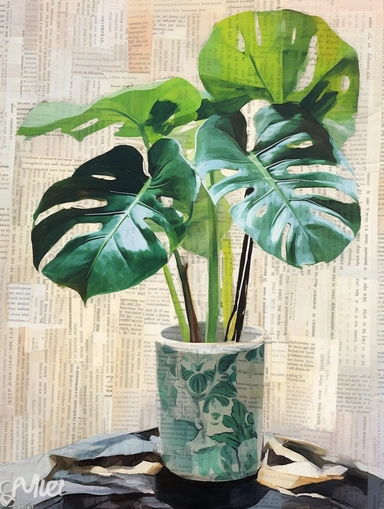 a painting of Monstera, in a vase on a collage of newspapers, by Ruth Hollingsworth, pinterest contest winner, impressionism, newspaper clipping, matthew stewart, Monstera, Thick coating, bible illustration, very small brushstrokes, malcolm hart, biblical art, etsy, offhand, clean sharp focus, high detail,Crazy details, 8k @118255@