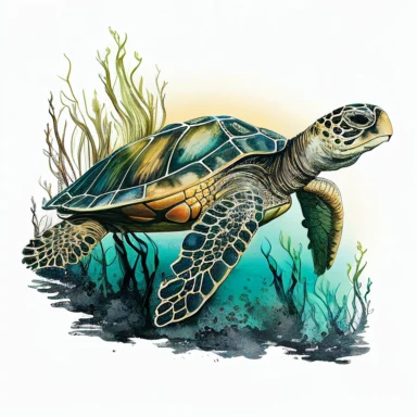 Create a serene and captivating clipart image of a majestic turtle, showcasing its grace and beauty. The artwork should be clean with a focus on the intricate details and soft blending of beautiful colors. The turtle should be depicted in a peaceful and calm manner, radiating a sense of tranquility. The colors chosen should be harmonious and visually pleasing, capturing the essence of the turtle's natural environment. The background should be white or transparent, allowing the turtle to be the m