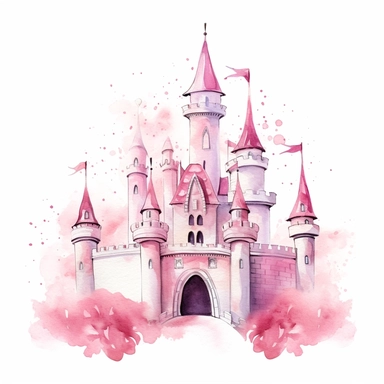 Princess castle clipart, watercolor princess pink fairy kingdom, white background