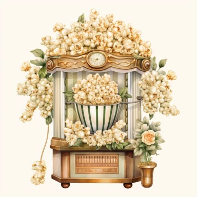 A realistic high detailed watercolor wedding popcorn machine, pastel colors, in the style of digital print, clipart, illustration, sticker, ultra high definition, rich details, 32K, HD