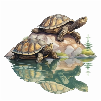 two turtles sitting on a rock, one brownish color, one green, looking into the water with their reflection staring back, reflections in the water show in scenery too clipart