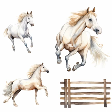 Watercolor horse racing , horse jumping over fence, illustrations clipart set, simple, white horse , cartoon elements, different variants , separate elements with a margin