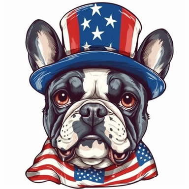 sticker, white background, funny french bulldog, open mouth, in style Independence Day in usa, hat with an american flag, clipart