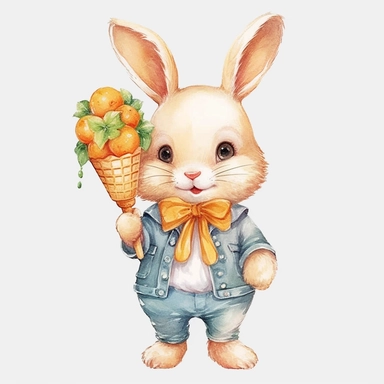 adorable bunny dressed in a charming outfit, holding an ice cream cone topped with a carrot-shaped scoop, delightful watercolor clipart