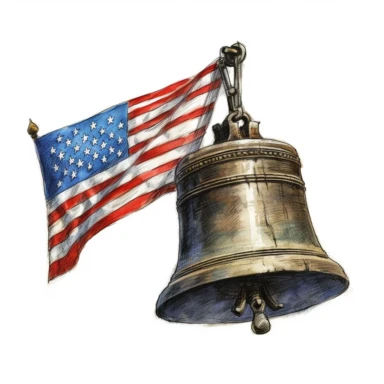 Original Liberty Bell of Philadelphia with american flag, Vectorial, highly detailed, watercolor, clipart, illustration, white background, digital painting, paper crafting, no signature, no text, very detailed , Cartoon,hyper realistic, intricate detail, illustration style,high solution,on the white background