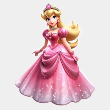 Princess Peach character from mario bros glittery shinny pink dress cartoon style for kids clipart hyper realistic on a transparent background