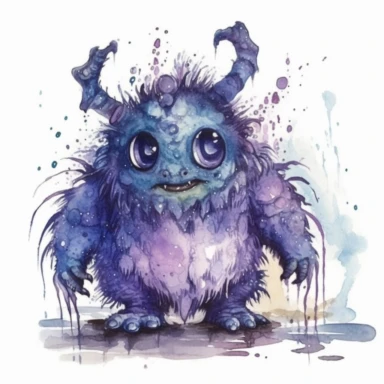 Watercolour cute monster creature clipart, rodney matthews style, no splash, black inky blue purple violet, single sheet, 4k