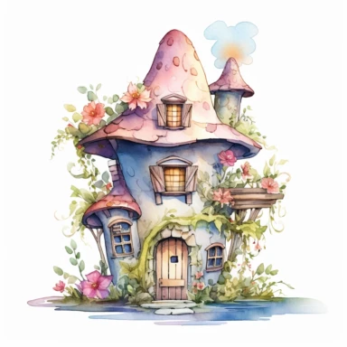 A whimsical watercolor summer cute fairy and fairyhouse, sublimation clipart, featuring cozy house, painted in soft pastel shades of blue, pink, green, and yellow, with intricate details such as flowers, vines, and shingled roofs, fine brushes, and various shades of pastel paint pigments, isolated on a white background, single object, print on demand image, PNG transparent background, white background for removing background - - no text shadow font watermark