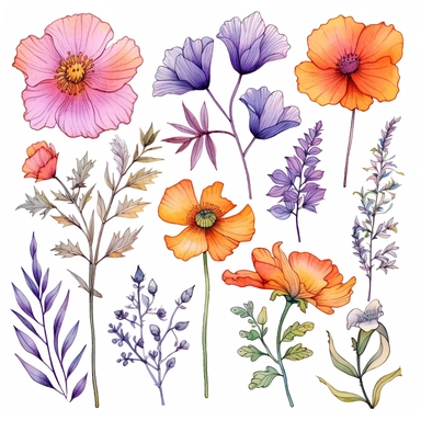 atercolor, handpainted floral clipart, transparent background, 6 elements evenly spaced out by 1 inches