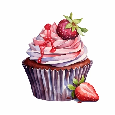 Watercolor Yummy chocolate stawberry cup cake clipart, hd, single object, white background