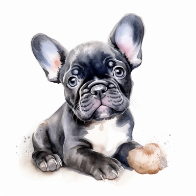 Watercolor Baby French Terrier Clipart, Chewing, White Background, no caption