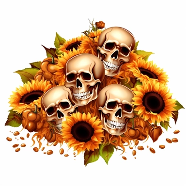 vector art of sunflowers, skulls, and coffee, flourish with coffee swirls and coffee beans clip art with white background