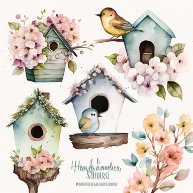 Watercolor Bird Houses Clipart - springtime cute birdhouses and blossoms