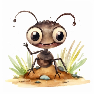 ant with cute big eyes, happy smiling face, cute animal, adorable, playful atitude, adorable watercolor animal clipart with a few seaweedss and shell decor, no background, highly detailed, high quality very sharp with clear focus