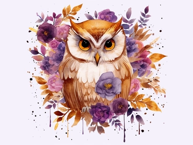 deep pruple gold watercolor Owl with flowers clipart with golden metallic line and some glitter, plain background, 8k, high resolution