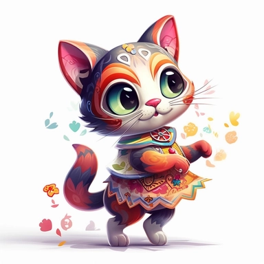Funny dancing cat clipart on a white background, chibi and real style, masterpiece, realistic photography, colorful background, detailed, intricate details, rich colors, realistic style