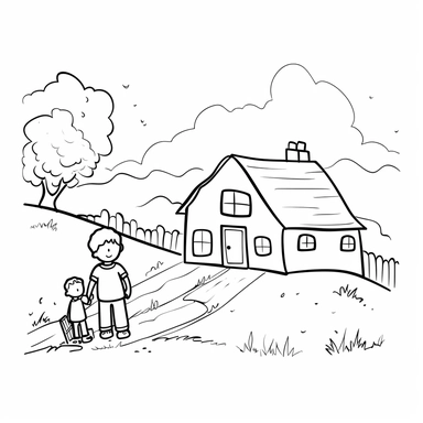 Draw me a favorite coloring picture for children with people and a little house in background, solid simple lines, white background, clipart style, only white with black lines
