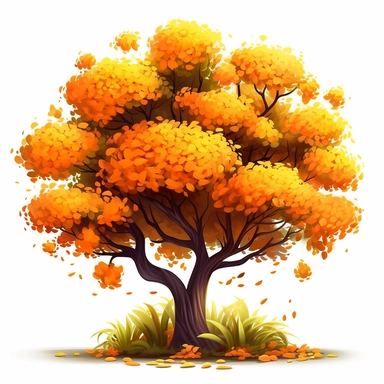 Clipart, cartoon autumn bush in safary, in the style of imax, playful and lighthearted compositions, childlike innocence and charm, light orange and brown leaves in the crown of the tree, uhd image, realistic and hyper - detailed renderings, movie still, utilizes, white background