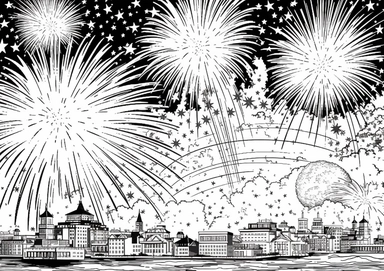 b&w lineart, white background, picture, coloring book style, only draw outlines, clean coloring book page, No dither, no gradient, strong outline, No fill, No solid, tshirt design graphic, Fourth of July, fireworks clipart