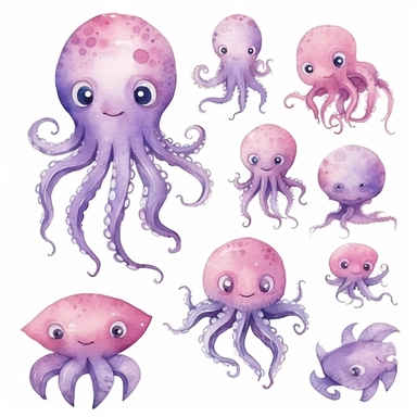 a watercolor nursery sea animals illustration clipart, cute octopus, soft pastel purple pink color, clean background, white background