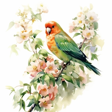 peach-faced lovebird,FLOWERS, watercolor painting by JOHN SINGER SARGENT, clipart, white background